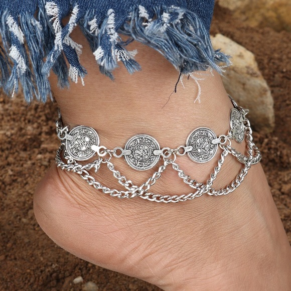 Bohemian Silver Coin Tassel Anklet - Picture 2 of 13